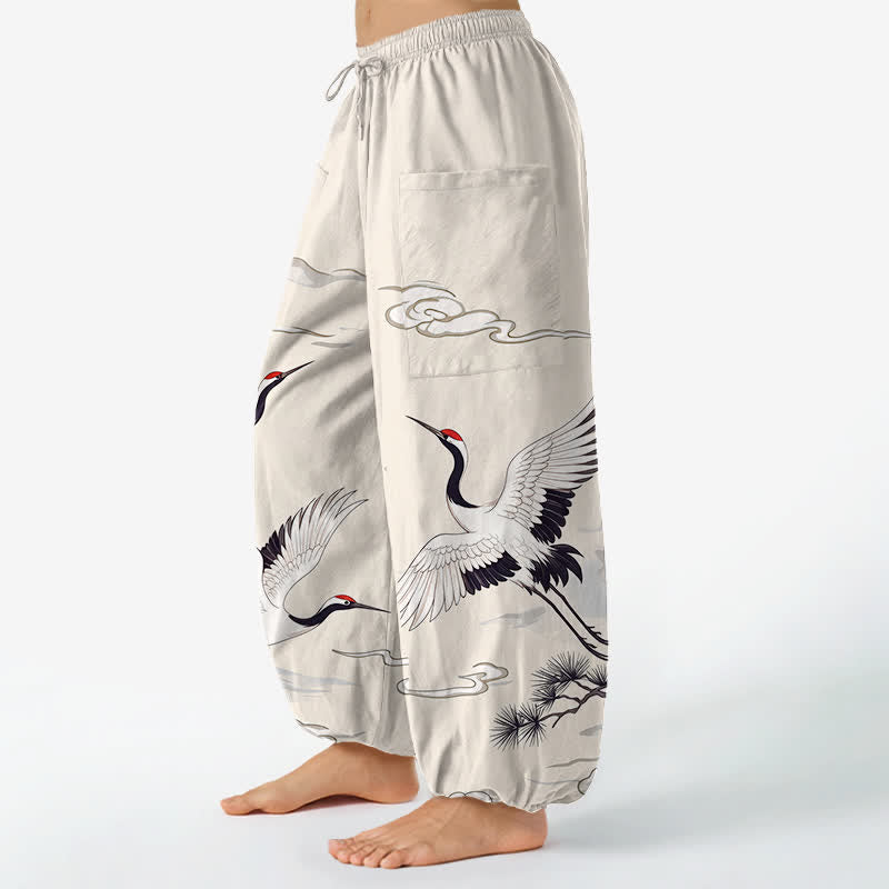 Buddha Stones Cotton Zen White Crane Pattern Women's Elastic Waist Harem Pants With Side Pockets - image 1