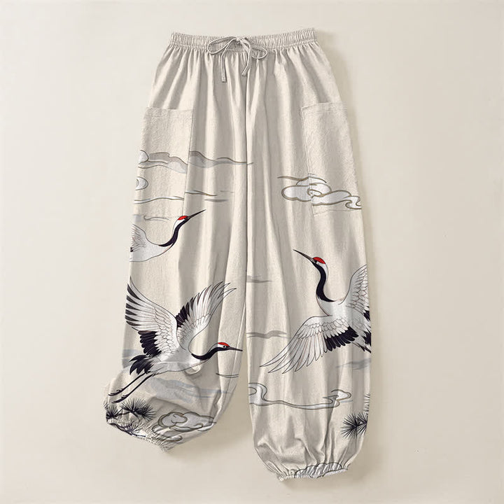 Buddha Stones Cotton Zen White Crane Pattern Women's Elastic Waist Harem Pants With Side Pockets - image 3