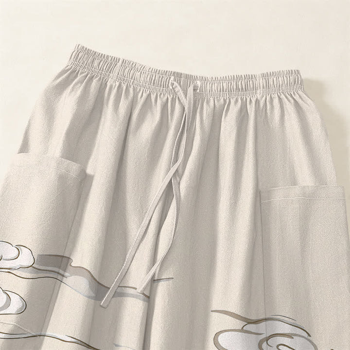 Buddha Stones Cotton Zen White Crane Pattern Women's Elastic Waist Harem Pants With Side Pockets - image 5