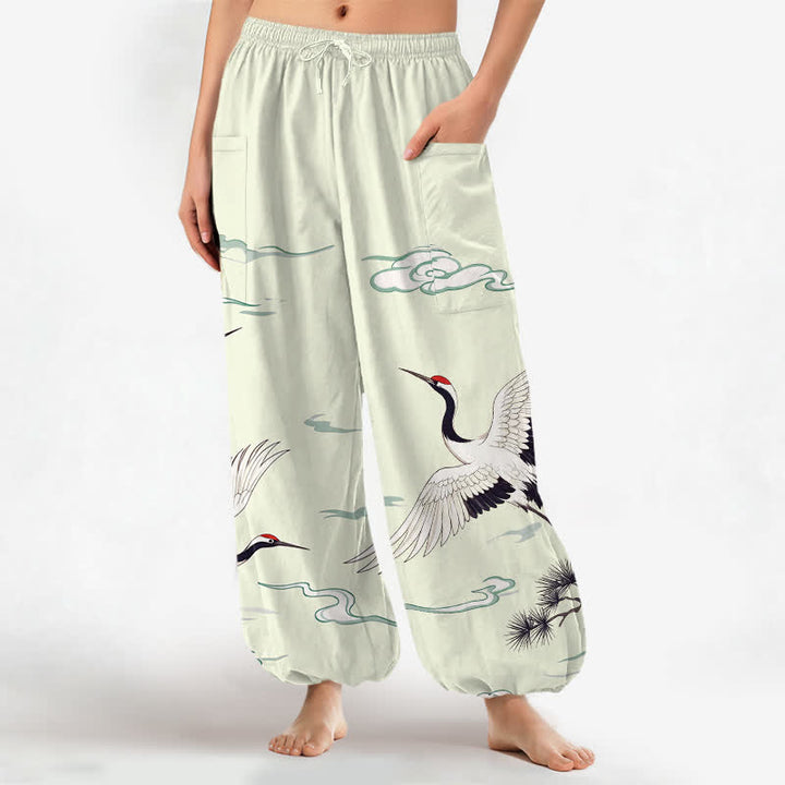 Buddha Stones Cotton Zen White Crane Pattern Women's Elastic Waist Harem Pants With Side Pockets - Honeydew - US16，UK/AU20，EU48 (3XL) - image 7