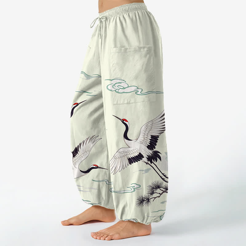 Buddha Stones Cotton Zen White Crane Pattern Women's Elastic Waist Harem Pants With Side Pockets - image 8