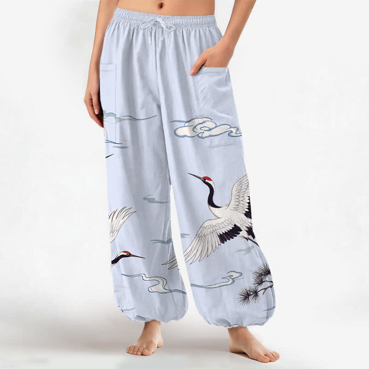 Buddha Stones Cotton Zen White Crane Pattern Women's Elastic Waist Harem Pants With Side Pockets - AliceBlue - US16，UK/AU20，EU48 (3XL) - image 10
