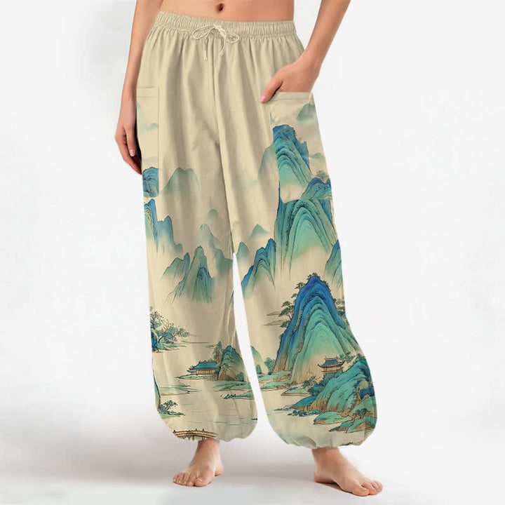 Buddha Stones Cotton Artistic Peaks Waters Pattern Women's Elastic Waist Harem Pants With Side Pockets - PaleGoldenrod - US16，UK/AU20，EU48 (3XL) - image 0