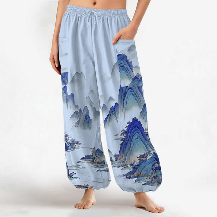 Buddha Stones Cotton Artistic Peaks Waters Pattern Women's Elastic Waist Harem Pants With Side Pockets - LightSkyBlue - US16，UK/AU20，EU48 (3XL) - image 7