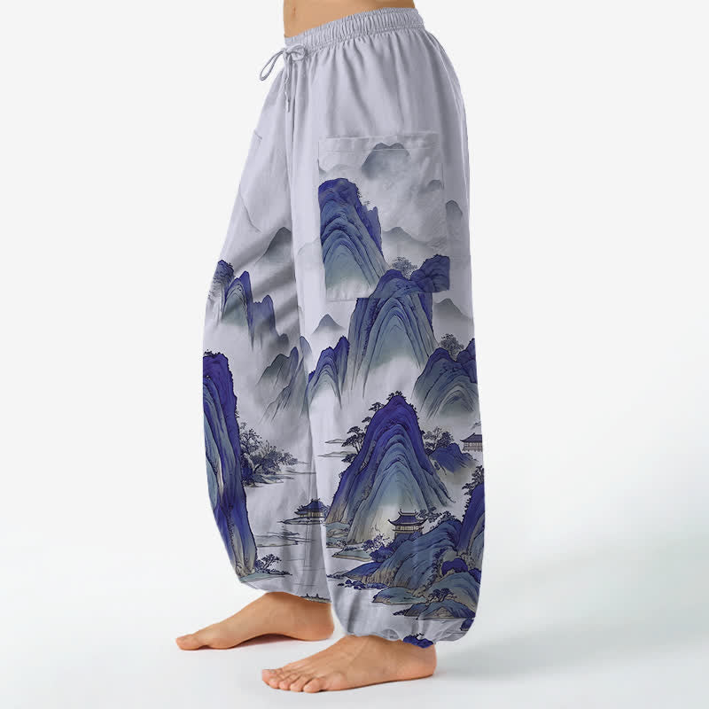 Buddha Stones Cotton Artistic Peaks Waters Pattern Women's Elastic Waist Harem Pants With Side Pockets - image 11
