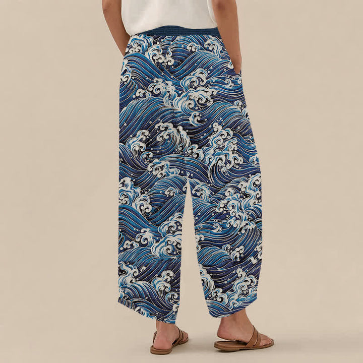 Buddha Stones Cotton Ocean Wave Pattern Pleated Elastic Waist Women's Harem Pants With Pockets - image 2