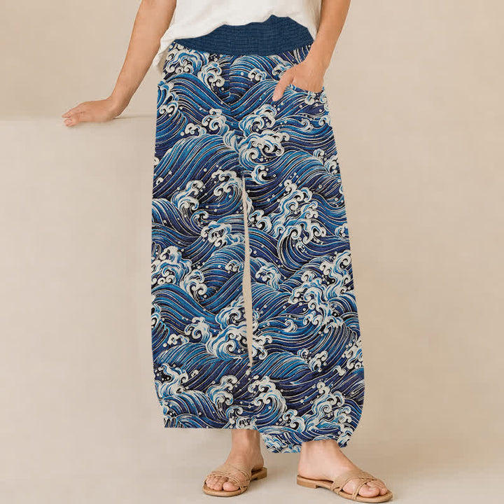 Buddha Stones Cotton Ocean Wave Pattern Pleated Elastic Waist Women's Harem Pants With Pockets - Navy - US16，UK/AU20，EU48 (3XL) - image 0