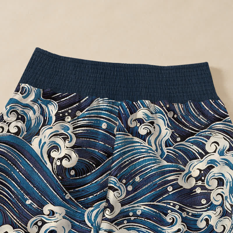 Buddha Stones Cotton Ocean Wave Pattern Pleated Elastic Waist Women's Harem Pants With Pockets - image 4
