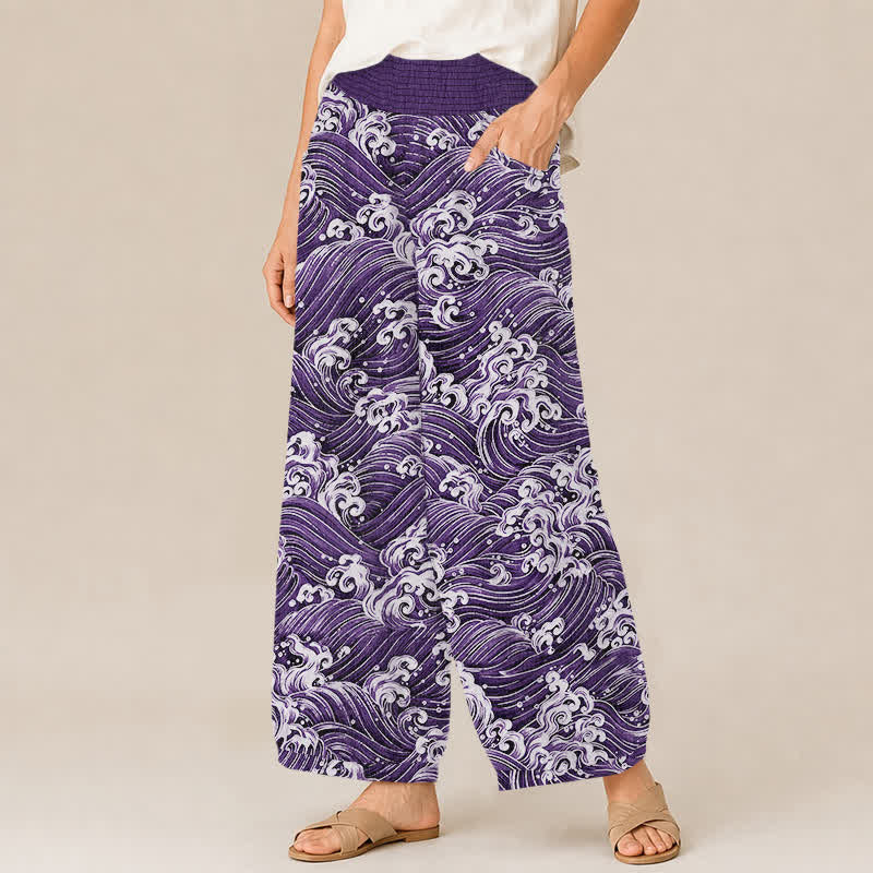 Buddha Stones Cotton Ocean Wave Pattern Pleated Elastic Waist Women's Harem Pants With Pockets - image 7