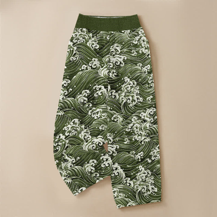 Buddha Stones Cotton Ocean Wave Pattern Pleated Elastic Waist Women's Harem Pants With Pockets - image 13