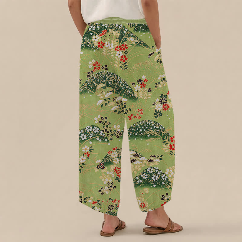 Buddha Stones Cotton Hill Blossom Pattern Pleated Elastic Waist Women's Harem Pants With Pockets - image 2