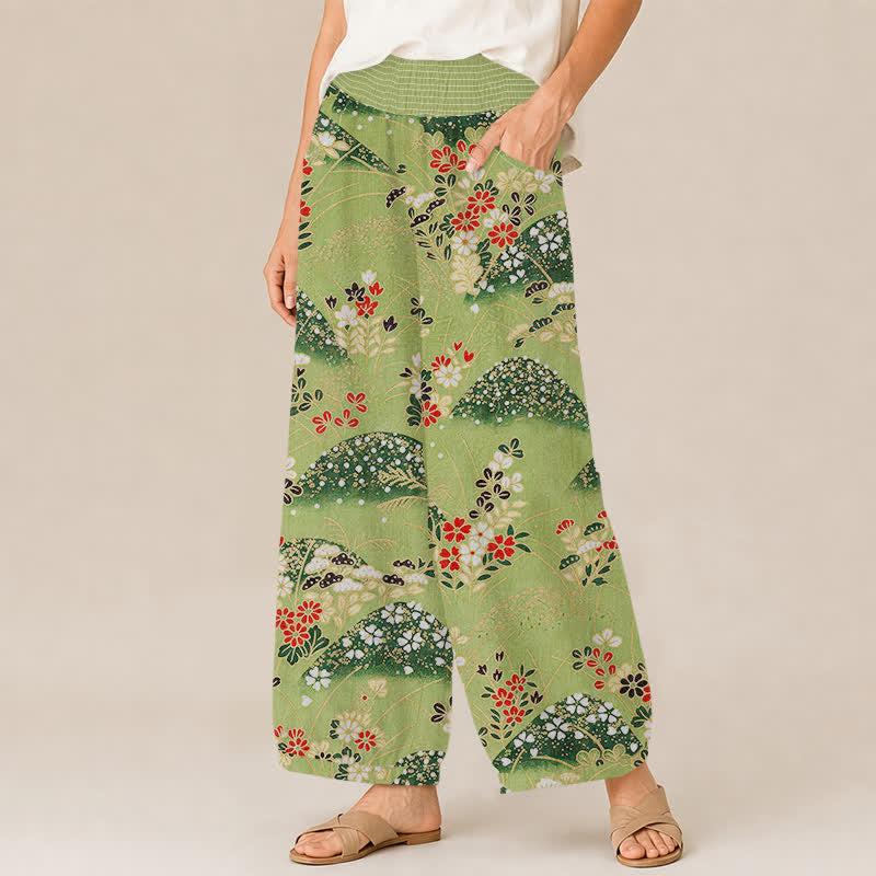Buddha Stones Cotton Hill Blossom Pattern Pleated Elastic Waist Women's Harem Pants With Pockets - image 1