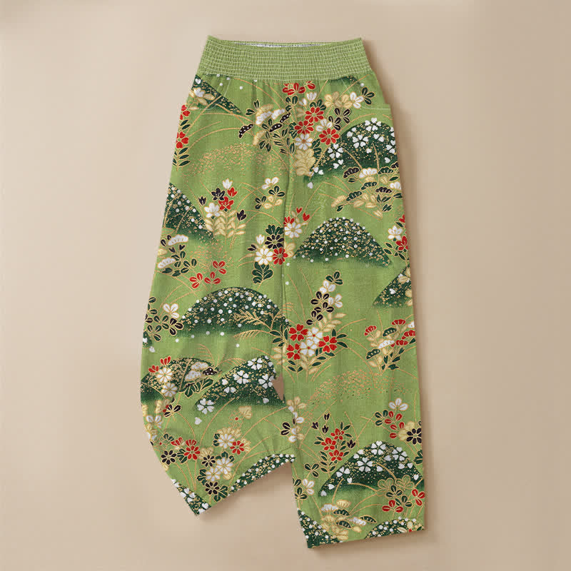 Buddha Stones Cotton Hill Blossom Pattern Pleated Elastic Waist Women's Harem Pants With Pockets - image 3
