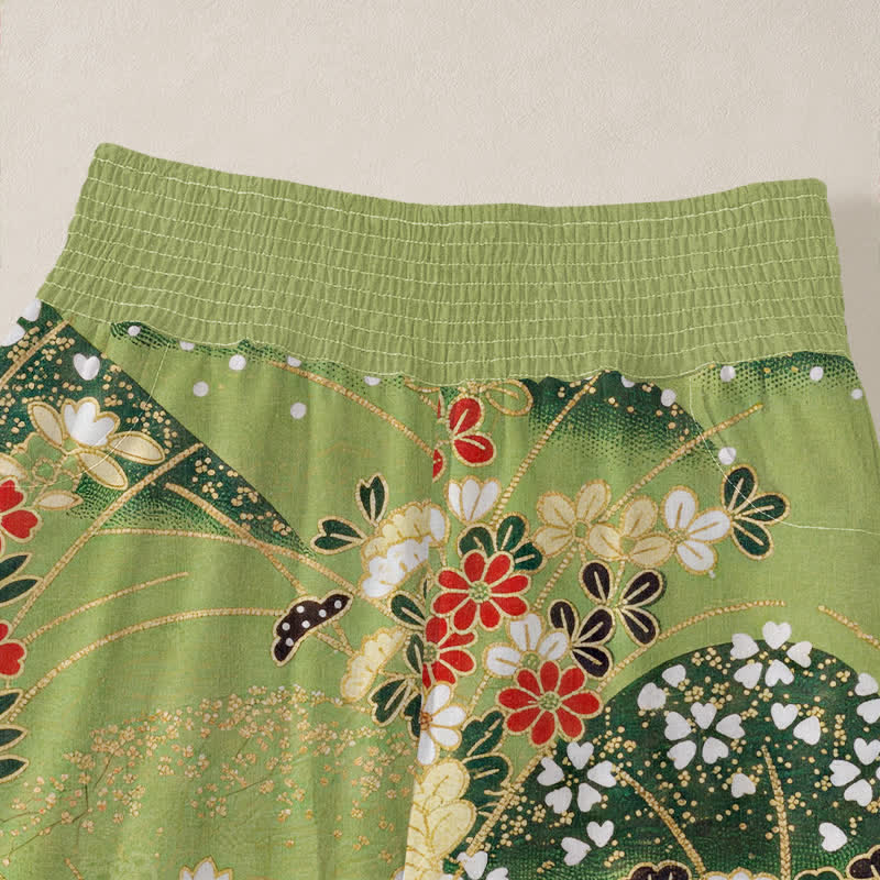Buddha Stones Cotton Hill Blossom Pattern Pleated Elastic Waist Women's Harem Pants With Pockets - image 4