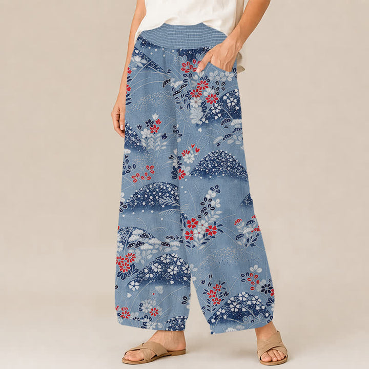Buddha Stones Cotton Hill Blossom Pattern Pleated Elastic Waist Women's Harem Pants With Pockets - image 7