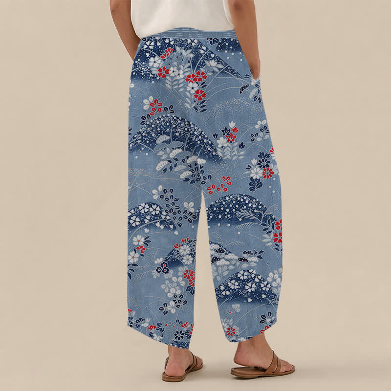 Buddha Stones Cotton Hill Blossom Pattern Pleated Elastic Waist Women's Harem Pants With Pockets - image 8