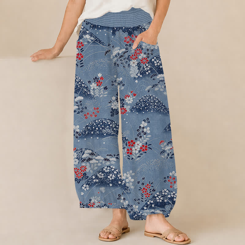 Buddha Stones Cotton Hill Blossom Pattern Pleated Elastic Waist Women's Harem Pants With Pockets - SteelBlue - US16，UK/AU20，EU48 (3XL) - image 6