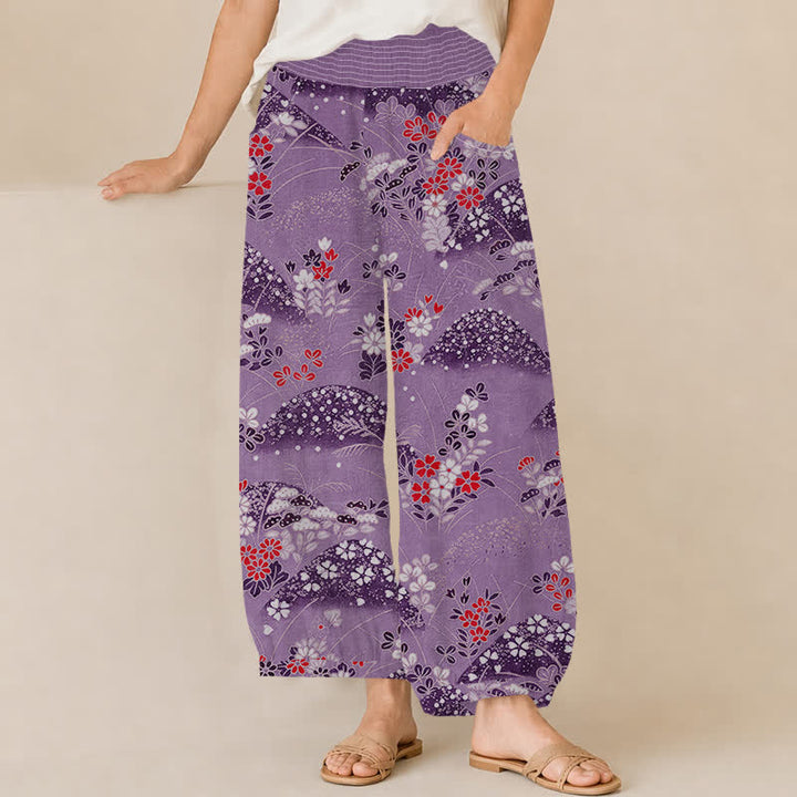 Buddha Stones Cotton Hill Blossom Pattern Pleated Elastic Waist Women's Harem Pants With Pockets - DarkOrchid - US16，UK/AU20，EU48 (3XL) - image 10