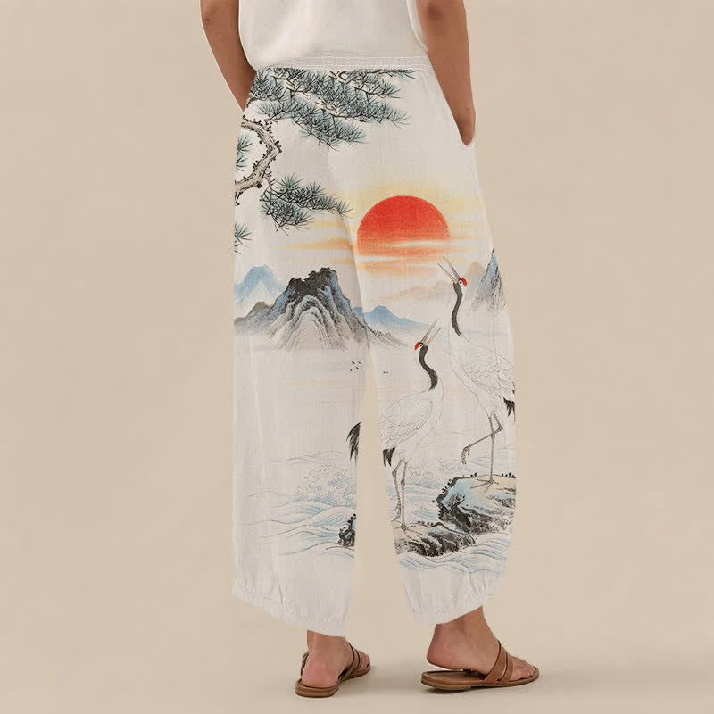 Buddha Stones Cotton Ink Landscape Crane Sun Pattern Pleated Elastic Waist Women's Harem Pants With Pockets - image 2