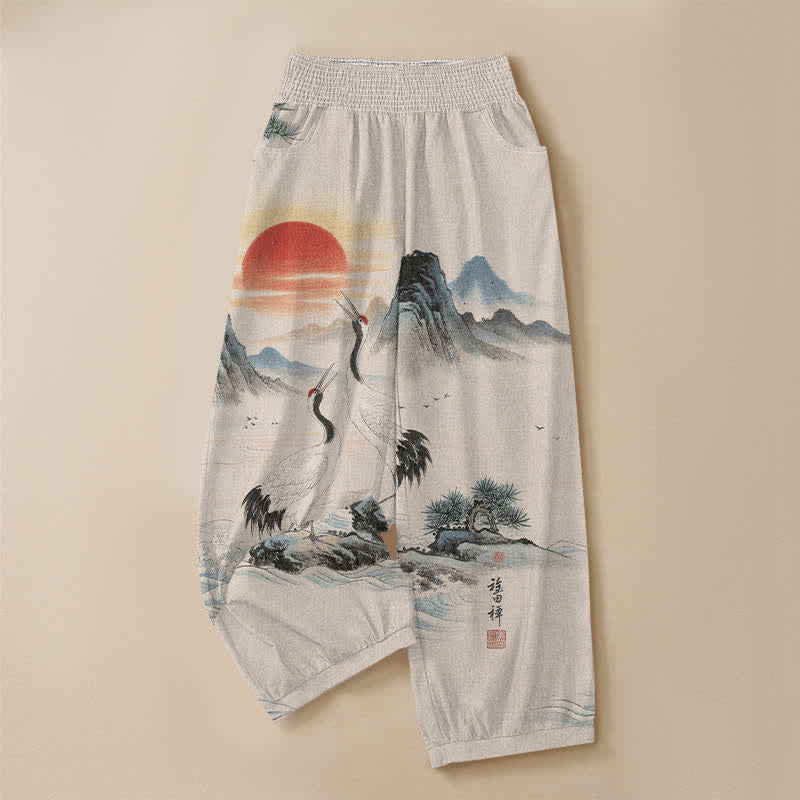 Buddha Stones Cotton Ink Landscape Crane Sun Pattern Pleated Elastic Waist Women's Harem Pants With Pockets - image 3