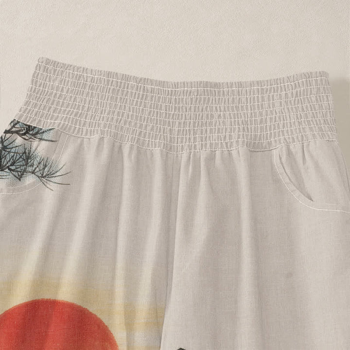 Buddha Stones Cotton Ink Landscape Crane Sun Pattern Pleated Elastic Waist Women's Harem Pants With Pockets - image 4