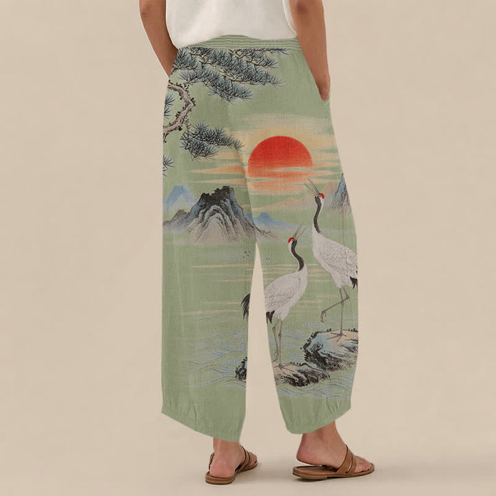 Buddha Stones Cotton Ink Landscape Crane Sun Pattern Pleated Elastic Waist Women's Harem Pants With Pockets - image 8