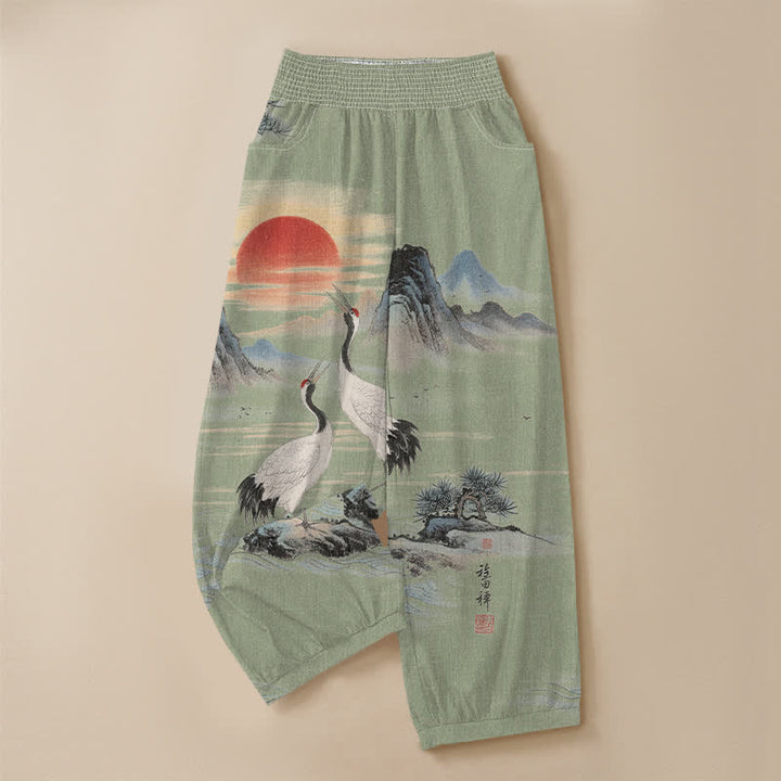 Buddha Stones Cotton Ink Landscape Crane Sun Pattern Pleated Elastic Waist Women's Harem Pants With Pockets - image 9