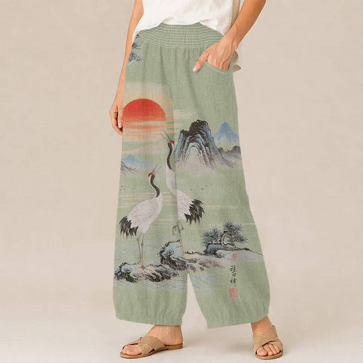 Buddha Stones Cotton Ink Landscape Crane Sun Pattern Pleated Elastic Waist Women's Harem Pants With Pockets - image 7