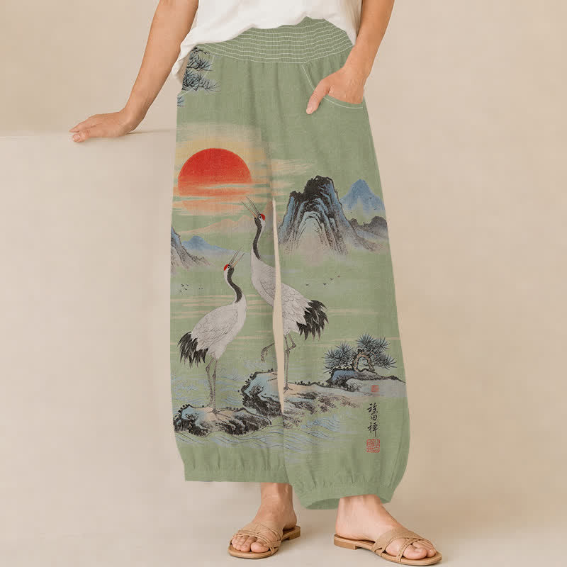 Buddha Stones Cotton Ink Landscape Crane Sun Pattern Pleated Elastic Waist Women's Harem Pants With Pockets - DarkSeaGreen - US16，UK/AU20，EU48 (3XL) - image 6