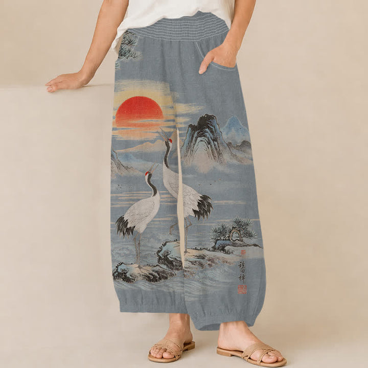 Buddha Stones Cotton Ink Landscape Crane Sun Pattern Pleated Elastic Waist Women's Harem Pants With Pockets - LightSteelBlue - US16，UK/AU20，EU48 (3XL) - image 10