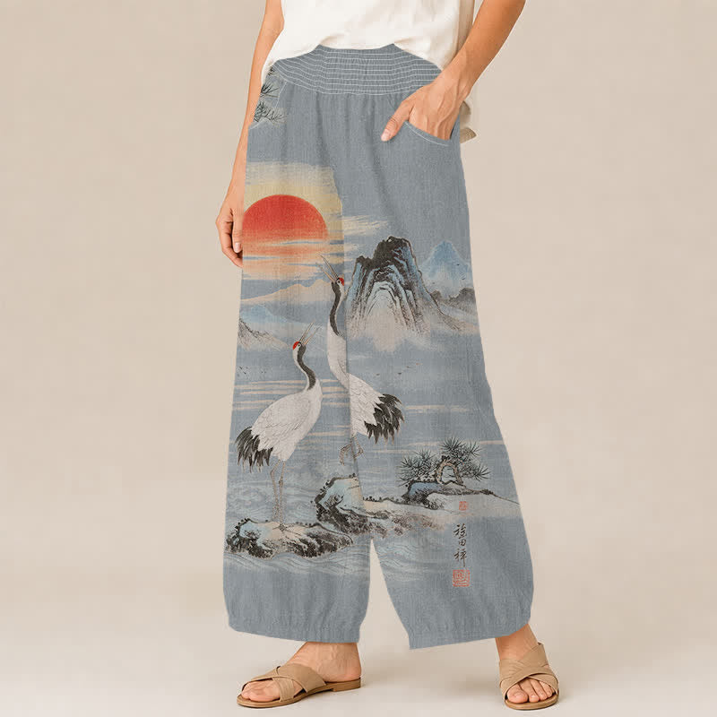 Buddha Stones Cotton Ink Landscape Crane Sun Pattern Pleated Elastic Waist Women's Harem Pants With Pockets - image 11
