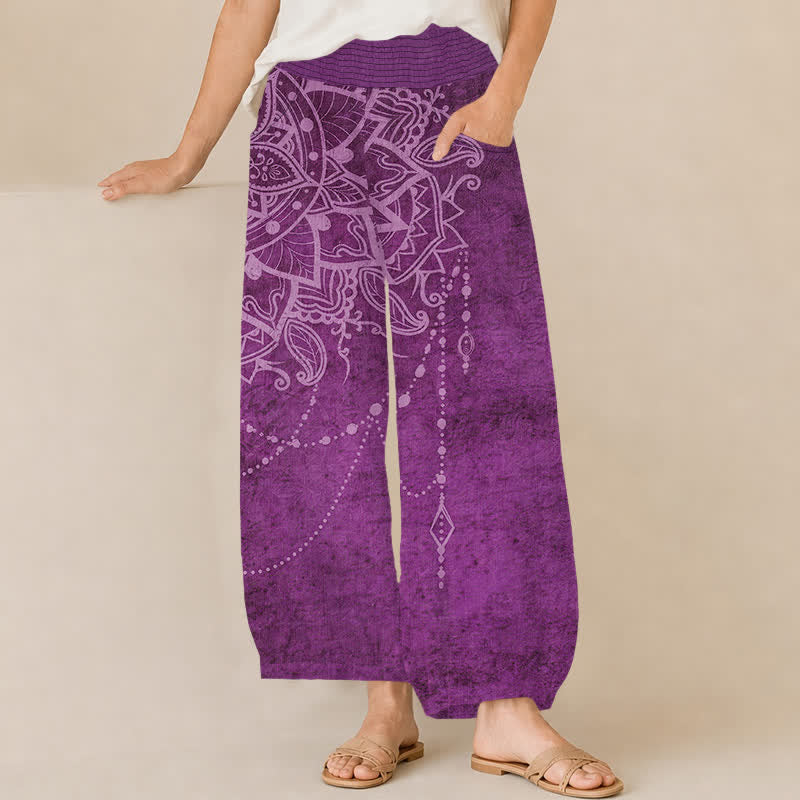 Buddha Stones Cotton Boho Mandala Beaded Pattern Pleated Elastic Waist Women's Harem Pants With Pockets - Purple - US16，UK/AU20，EU48 (3XL) - image 0