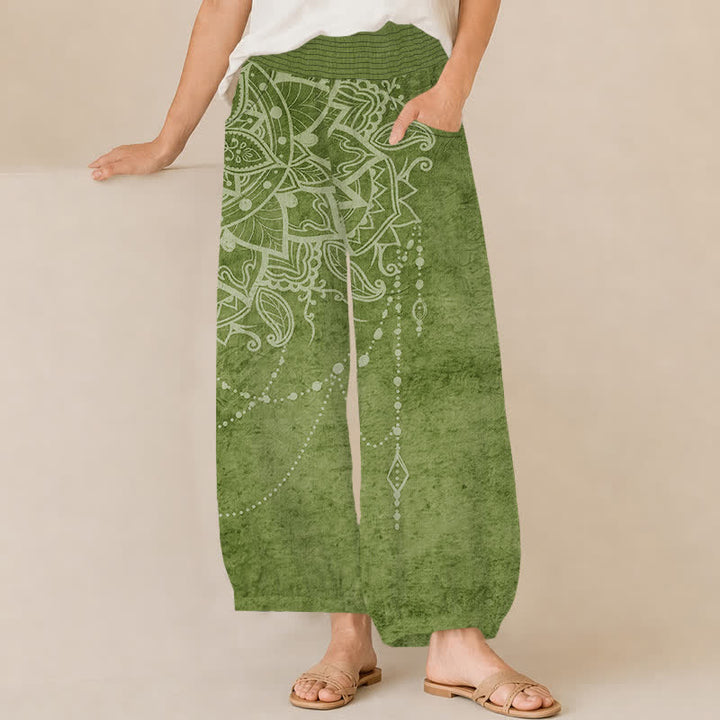 Buddha Stones Cotton Boho Mandala Beaded Pattern Pleated Elastic Waist Women's Harem Pants With Pockets - OliveDrab - US16，UK/AU20，EU48 (3XL) - image 6