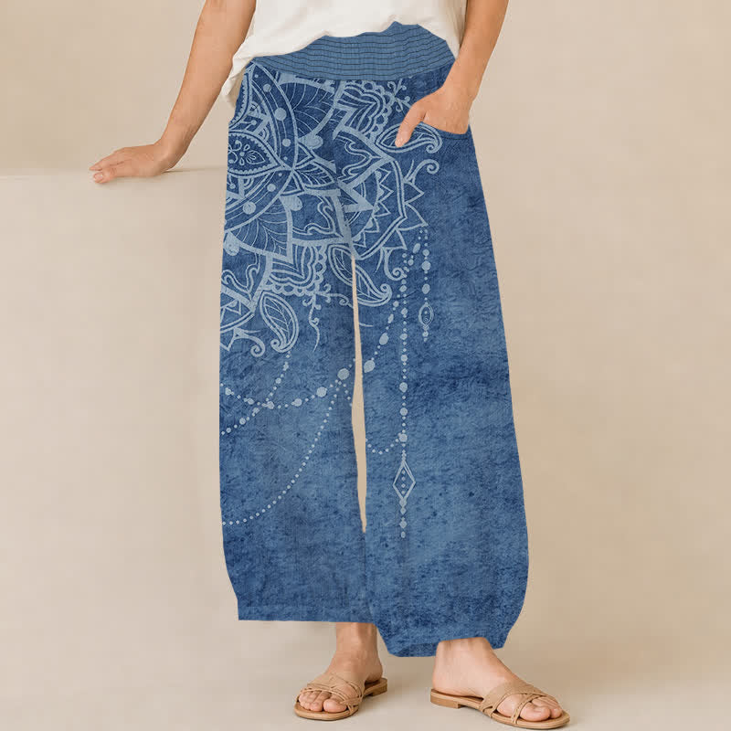 Buddha Stones Cotton Boho Mandala Beaded Pattern Pleated Elastic Waist Women's Harem Pants With Pockets - SteelBlue - US16，UK/AU20，EU48 (3XL) - image 10