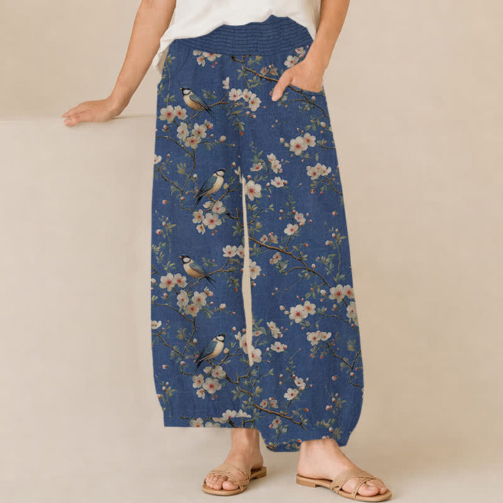 Buddha Stones Cotton Vintage Floral Bird Pattern Pleated Elastic Waist Women's Harem Pants With Pockets - SteelBlue - US16，UK/AU20，EU48 (3XL) - image 0