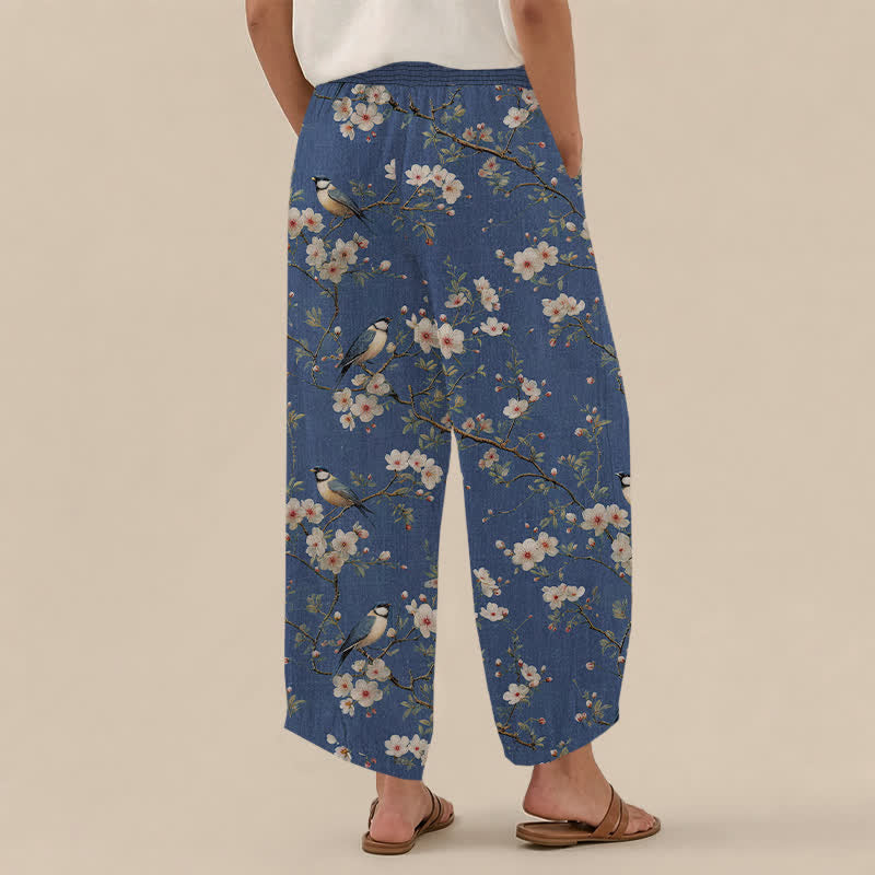 Buddha Stones Cotton Vintage Floral Bird Pattern Pleated Elastic Waist Women's Harem Pants With Pockets - image 2
