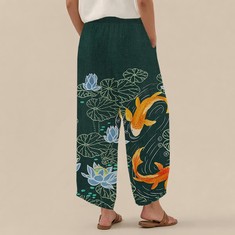 Buddha Stones Cotton Watercolor Lotus Koi Pattern Pleated Elastic Waist Women's Harem Pants With Pockets - image 2