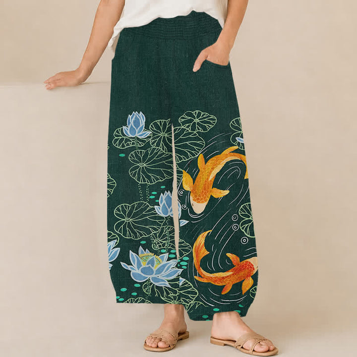 Buddha Stones Cotton Watercolor Lotus Koi Pattern Pleated Elastic Waist Women's Harem Pants With Pockets - DarkSlateGray - US16，UK/AU20，EU48 (3XL) - image 0