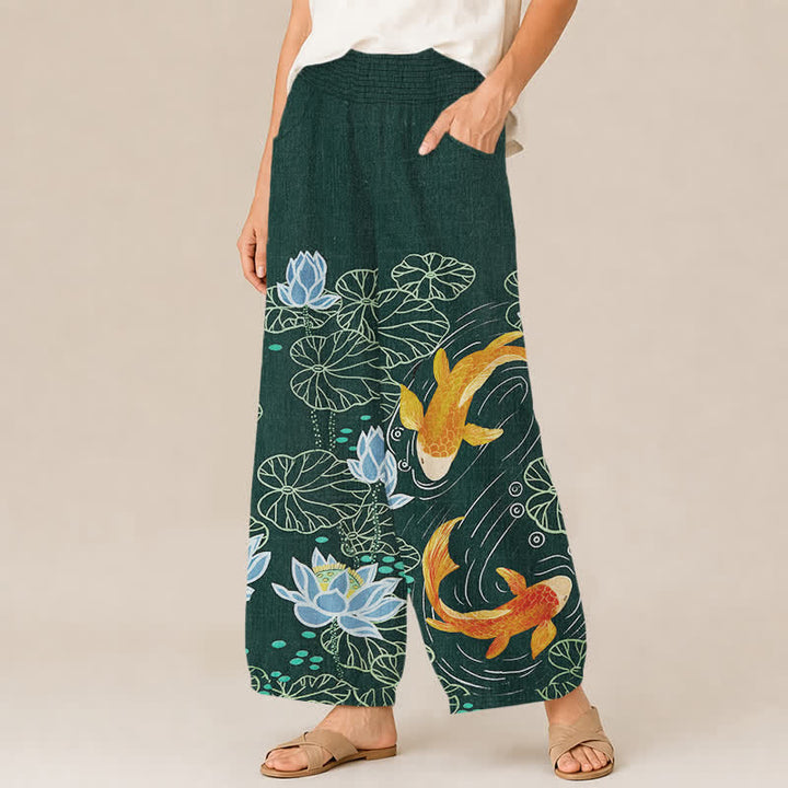 Buddha Stones Cotton Watercolor Lotus Koi Pattern Pleated Elastic Waist Women's Harem Pants With Pockets - image 1
