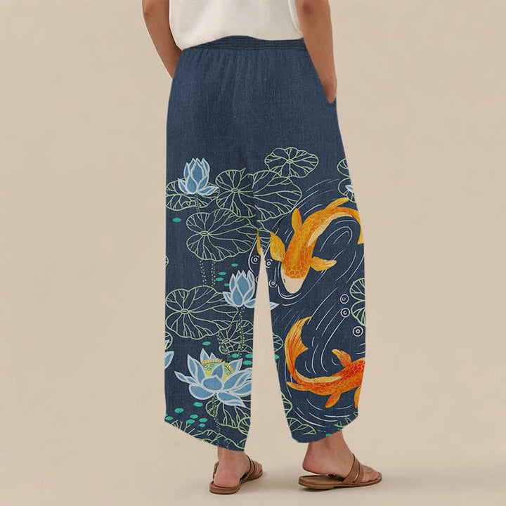 Buddha Stones Cotton Watercolor Lotus Koi Pattern Pleated Elastic Waist Women's Harem Pants With Pockets - image 8