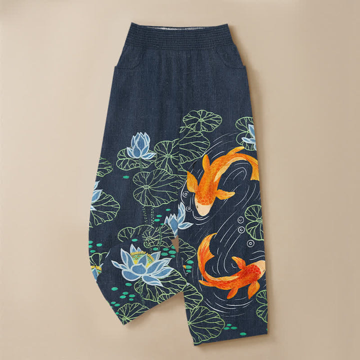 Buddha Stones Cotton Watercolor Lotus Koi Pattern Pleated Elastic Waist Women's Harem Pants With Pockets - image 9