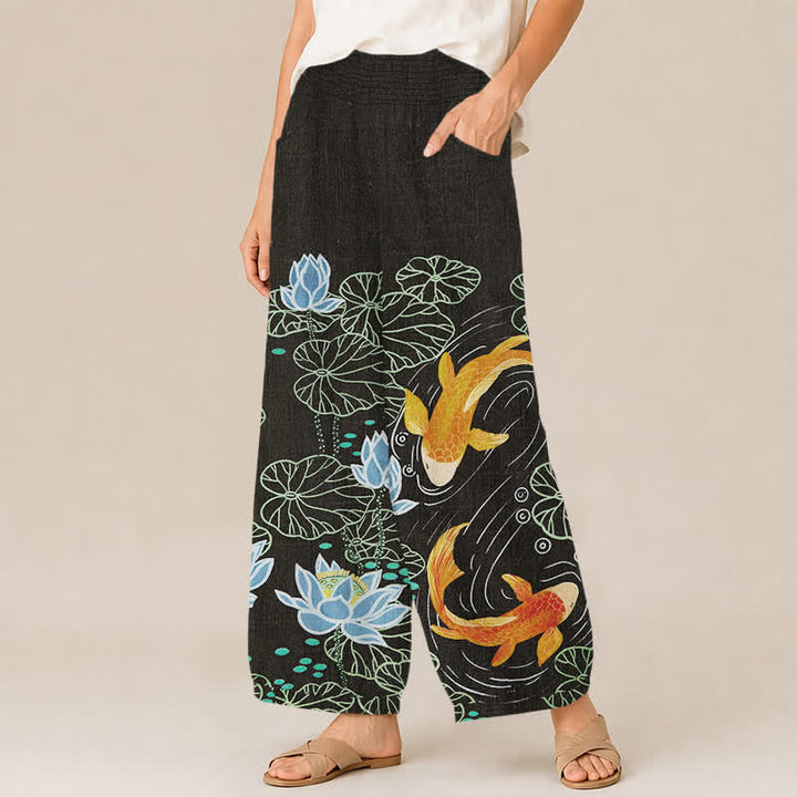 Buddha Stones Cotton Watercolor Lotus Koi Pattern Pleated Elastic Waist Women's Harem Pants With Pockets - image 11