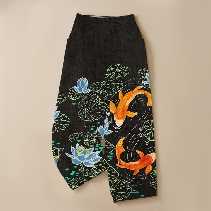 Buddha Stones Cotton Watercolor Lotus Koi Pattern Pleated Elastic Waist Women's Harem Pants With Pockets - image 13