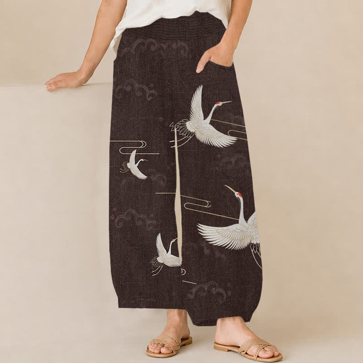 Buddha Stones Cotton Vintage White Crane Pattern Pleated Elastic Waist Women's Harem Pants With Pockets - Black - US16，UK/AU20，EU48 (3XL) - image 0