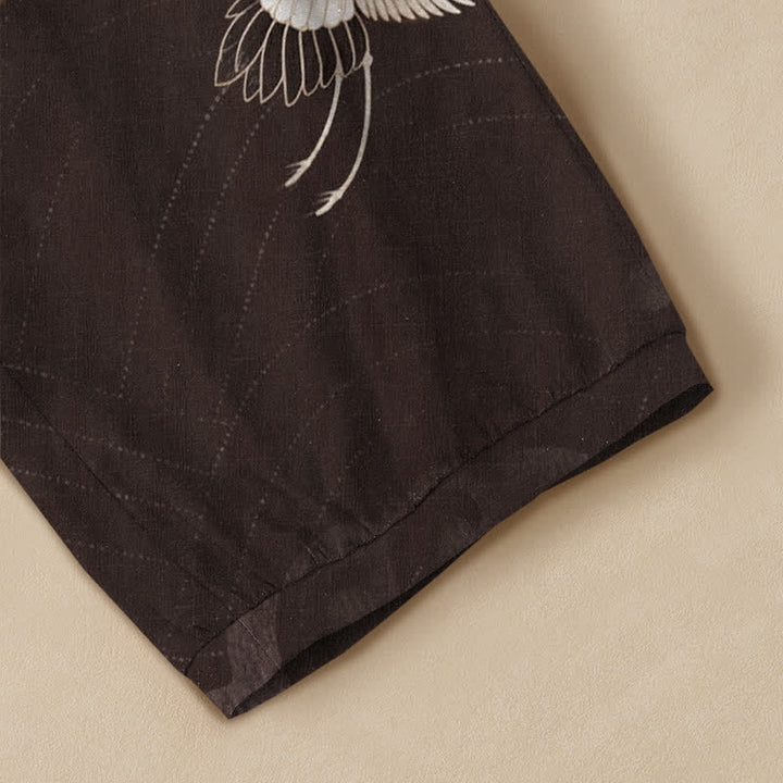 Buddha Stones Cotton Vintage White Crane Pattern Pleated Elastic Waist Women's Harem Pants With Pockets - image 5
