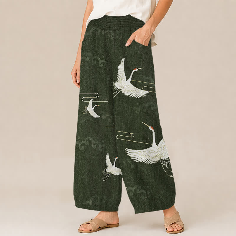 Buddha Stones Cotton Vintage White Crane Pattern Pleated Elastic Waist Women's Harem Pants With Pockets - image 7