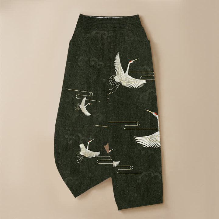 Buddha Stones Cotton Vintage White Crane Pattern Pleated Elastic Waist Women's Harem Pants With Pockets - image 9