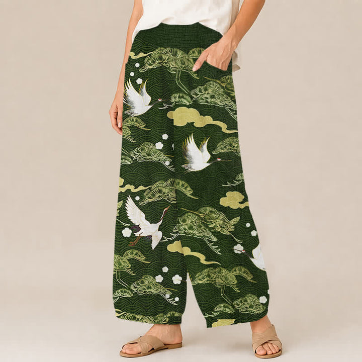 Buddha Stones Cotton Crane And Cloud Pattern Pleated Elastic Waist Women's Harem Pants With Pockets - image 11