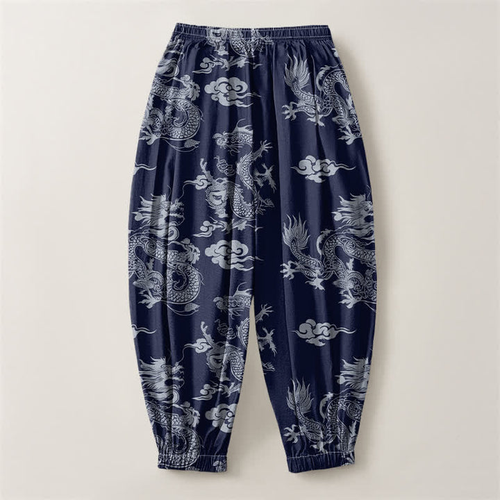 Buddha Stones Pure Cotton Dragon Clouds Pattern Drawstring Men's Harem Pants With Pockets - image 2