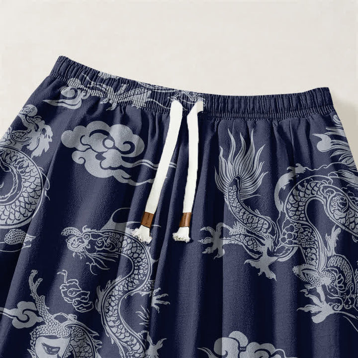 Buddha Stones Pure Cotton Dragon Clouds Pattern Drawstring Men's Harem Pants With Pockets - image 3